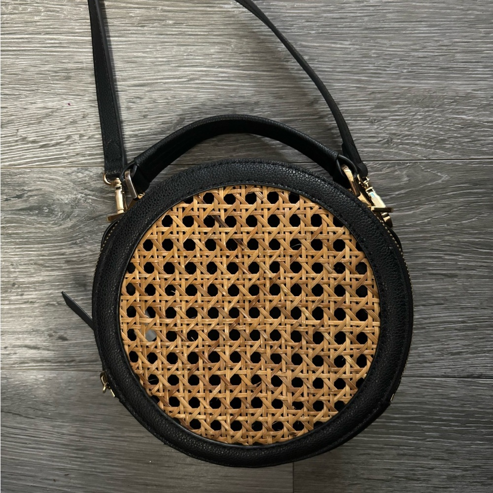 Vince Camuto Straw Rattan cross-body bag.